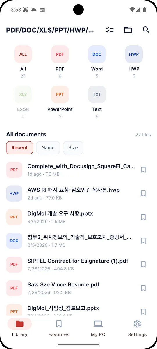 Library screen listing documents by type with counts